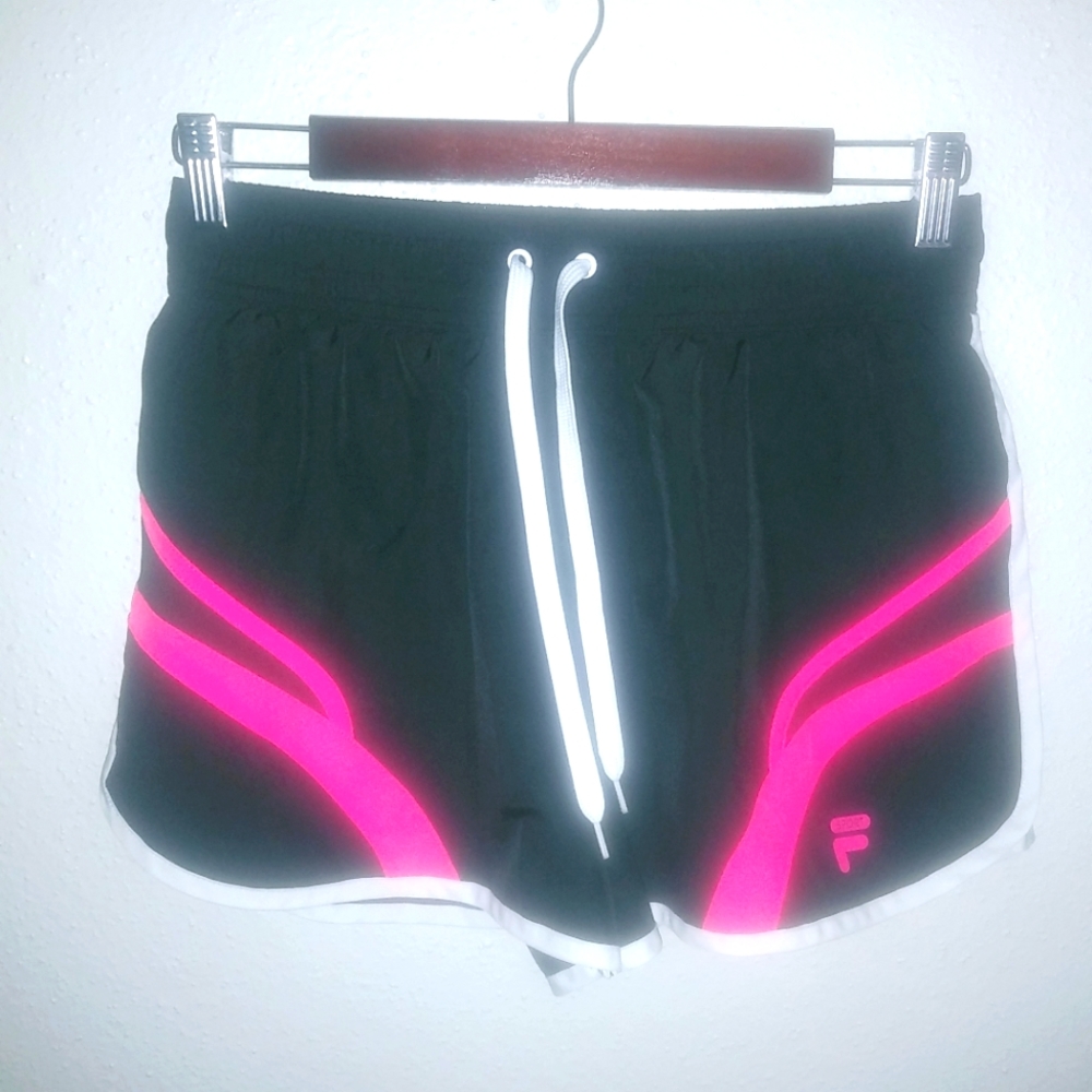 Fila S Running Jogging Athletic Striped Shorts Hot Pink on Black - Picture 1 of 6